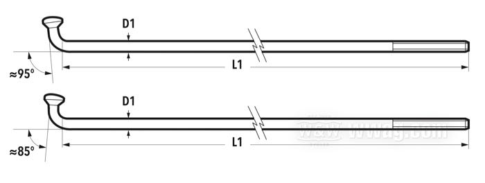 Jeu de rayons de T.T.S.; pour Frein à tambour 4 Cames Ceriani 180 de CRS; acier inox, poli; longueur L1: 124 mm; diamètre D1: 4 mm; angle α: 95 ° / 85 °; filetage: M4.5; pour jantes à base semi-profonde 18