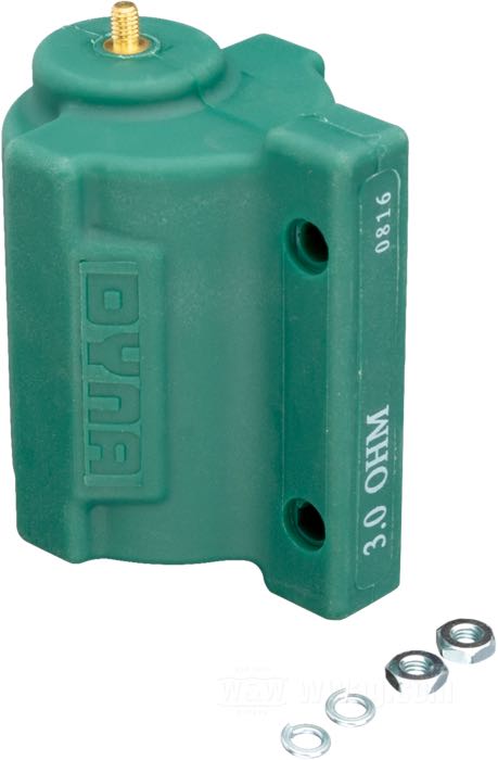 Ignition coil by Dynatek; for electronic ignitions on Evolution models; green; use with 12 V; primary resistance: 3 Ω; dual fire - single plug; high tens. tower(s): two; gross weight: 590 g