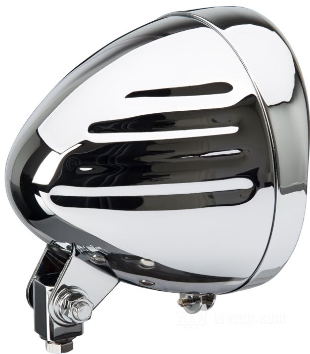 Phare complet »Custom Grooved«; acier, chromé; profondeur: 140 mm; Ø 159 mm; pour optique (Ø): 5-3/4”; type ampoule: H4 / W5W; 12 V; 60/55 W; culot: P43t / W2.1x9.5d; avec ampoule 12 V; avec optique lisse et claire; avec le support; avec fonction feu de position; homologué E1; Taïwan; poids brut: 1.12 kg