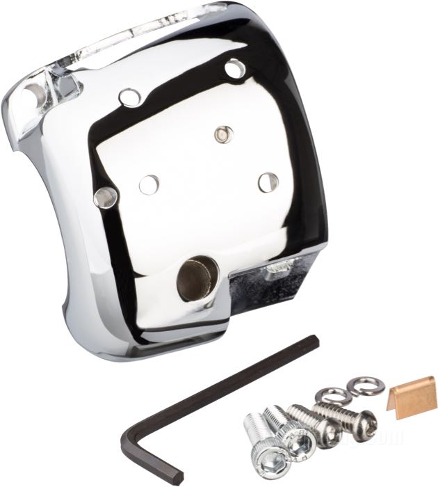 Switch housing; fits Dyna 1996-2006, Softail 1996-2006, Sportster 1996-2006, V-Rod 2002-2007, Touring 1996-2006 (without Audio/Cruise Control); bottom left; cast aluminum, chrome-plated; gross weight: 120 g