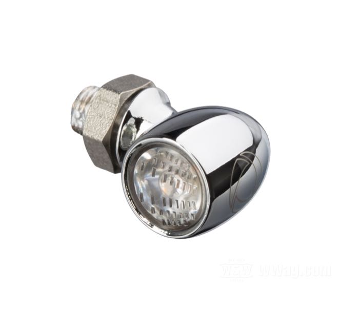 Intermitentes »Atto« de Kellermann; aluminio macizo, cromado; fondo: 14 mm; Ø 10 mm; tipo de bombilla: LED; rosca: M5 x 0.5; 12 V; 1.5 W; posición: delantero y trasero; homologado E13; Alemania; peso bruto: 28 g