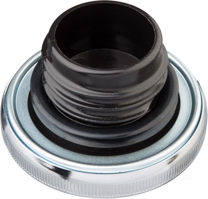 Gas cap; fits FL(H), FX 1983-1984; Sportster 1983-2020 (exc. 2017-2020 Asian market models); Softail 1984→ (exc. FXFB models); FXRL, FXRS 1987→; Dyna 1992→; FLHR 1994→; steel, chrome-plated, rim height 13.5 mm, knurl height 6.5 mm, with top bead; Ø 74 mm; position: right; thread: 1.75”-4 ; with vent; replaces OEM HD 61102-83C; gross weight: 136 g
