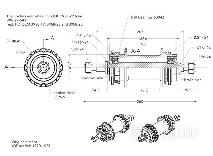Rear hub by The Cyclery; fits IOE models 1920-1929; steel, bare; thread: 5/8”-24; position: rear; with axle and all internal parts; replaces OEM HD 3958-19, 3958-23, and 3958-25; gross weight: 3.19 kg