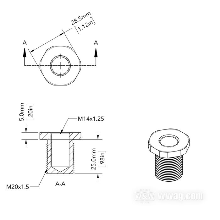 Adattatore di The Cyclery; per candele M14 x 1.25; acciaio inox, burattato; filettatura: M20 x 1.5; Germania; peso lordo: 67 g