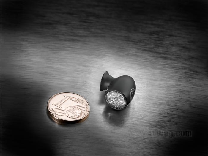 Turn signals »Atto DF« by Kellermann; billet aluminum, black; depth: 14 mm; Ø 10 mm; bulb type: LED; thread: M5 x 0.5; 12 V; position: rear; E13 approved; Germany; gross weight: 32 g