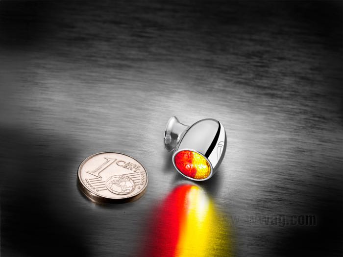 Intermitentes »Atto DF« de Kellermann; aluminio macizo, cromado; fondo: 14 mm; Ø 10 mm; tipo de bombilla: LED; rosca: M5 x 0.5; 12 V; posición: trasero; homologado E13; Alemania; peso bruto: 31 g