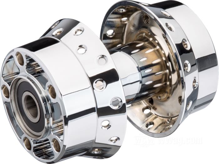 Rear hub »Wide«; fits Touring 2000-2001, Softail 2000-2007, Dyna 2000-2005, Sportster 2000-2004; aluminum, chrome-plated; Ø centering collar: 56 mm; dual flange 3/8” and 7/16