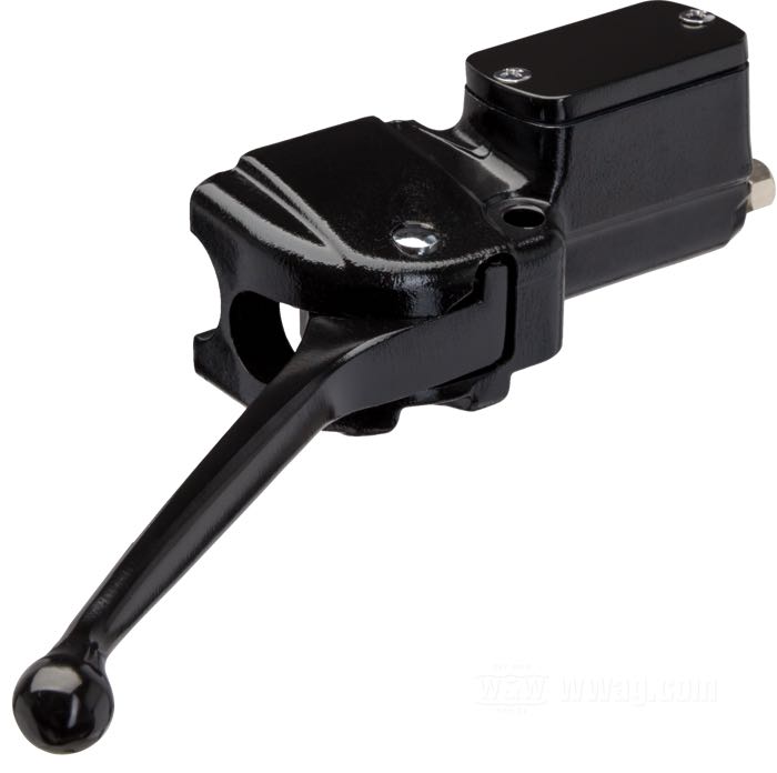 Maître-cylindre frein à main; adaptable à modèles 1972-1981; alu coulé, noir; Ø piston hydraulique: 3/4” (19 mm); liquide de frein obligatoire: DOT 3, 4 ou 5; avec interrupteur feu stop; avec raccord 1/8” NPT - 3/8” IF; remplace OEM HD 45010-73; poids brut: 628 g