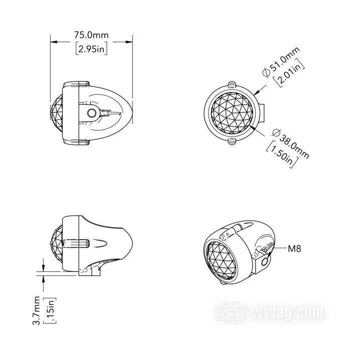 Luce di posizione »Flat Side Bullet« di Fork; alluminio fuso / vetro, lucidato; Gemma: rosso; filettatura: M8; 12 V; 20 W; basetta: BA15s; Giappone; peso lordo: 372 g