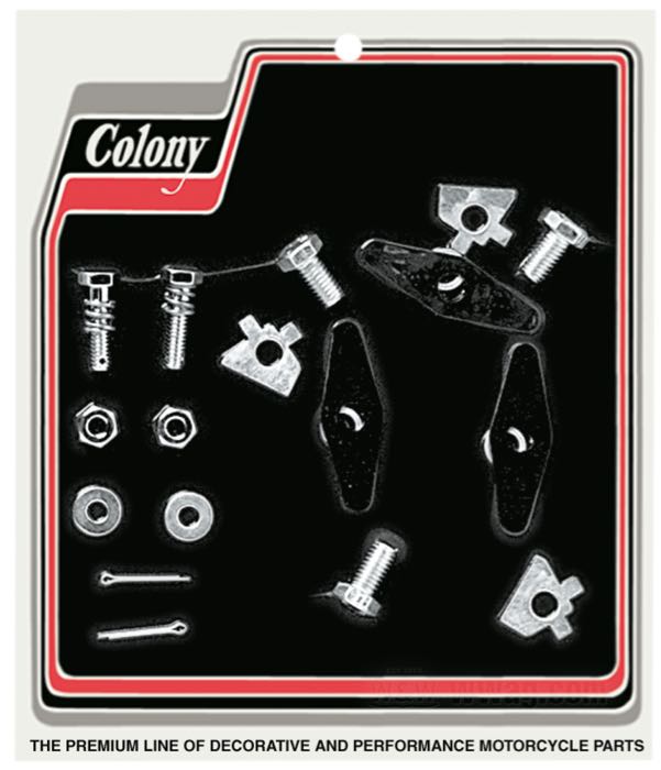 Kit di montaggio di Colony; per Coperchio primaria interno; atto per Big Twin 1955-1964; acciaio, CAD (procedimento ZnNi) / parkerizzato; rimpiazza OEM HD 60652-55, 60654-50, 60655-50 e 60642-36; U.S.A.; peso lordo: 100 g