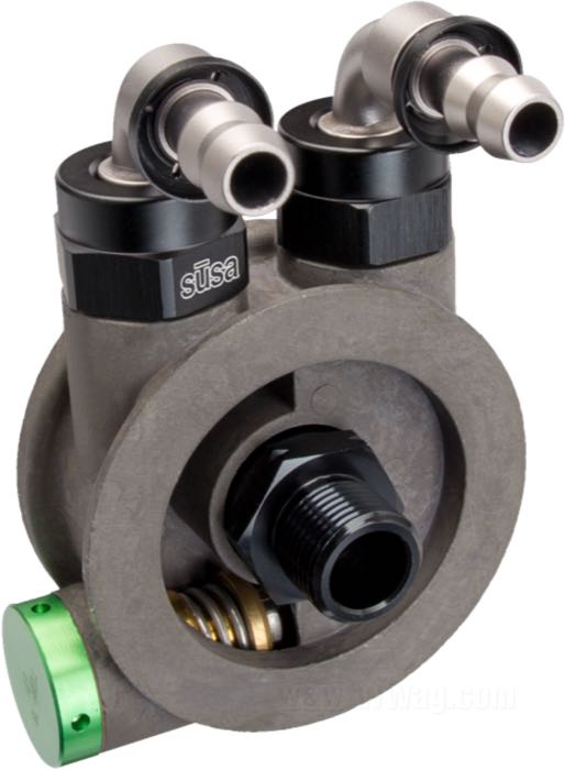 Adattatore di Jagg; per Cartuccia filtrante d'olio / Radiatore olio; atto per Evolution Big Twin (ecc. a iniezione) e Sportster, Buell (ecc. 1125R); con termostato; alluminio fuso, grigio(a); filettatura per filtrante d´olio: 3/4”-16; peso lordo: 408 g