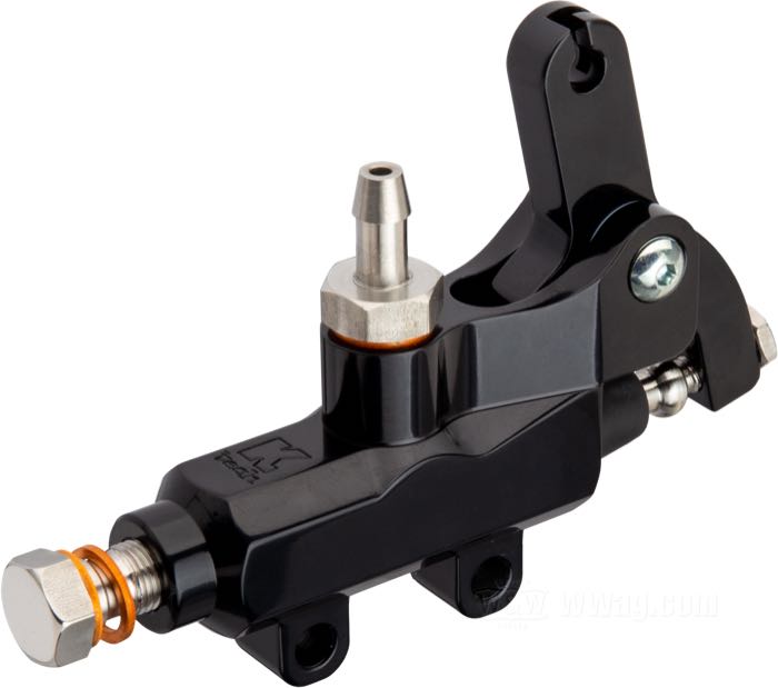 Brake master cylinder by Kustom Tech; cable-operated; for remote reservoir; billet aluminum, black anodized, mounting hole distance 30 mm, banjo Ø 10 mm; L x H x D: 120 x 85 x 30 mm; piston Ø: 14 mm; required brake fluid: DOT 4 or 5; thread: M10 x 1.0; Italy; gross weight: 210 g