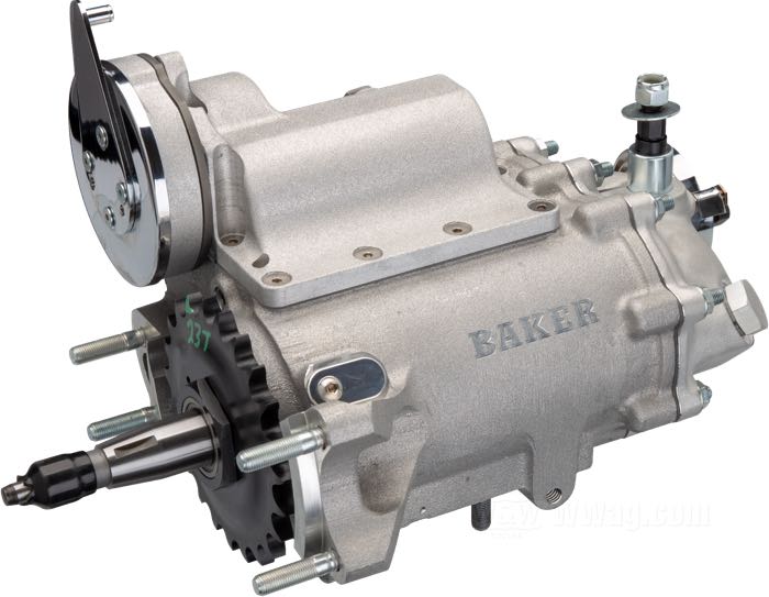 4-speed transmission by BAKER Drivetrain; for aluminum primary covers; fits Big Twin 1970-1985; footshift; FX style ratchet; cast aluminum / steel, bare; with 23 tooth sprocket; USA; gross weight: 19 kg