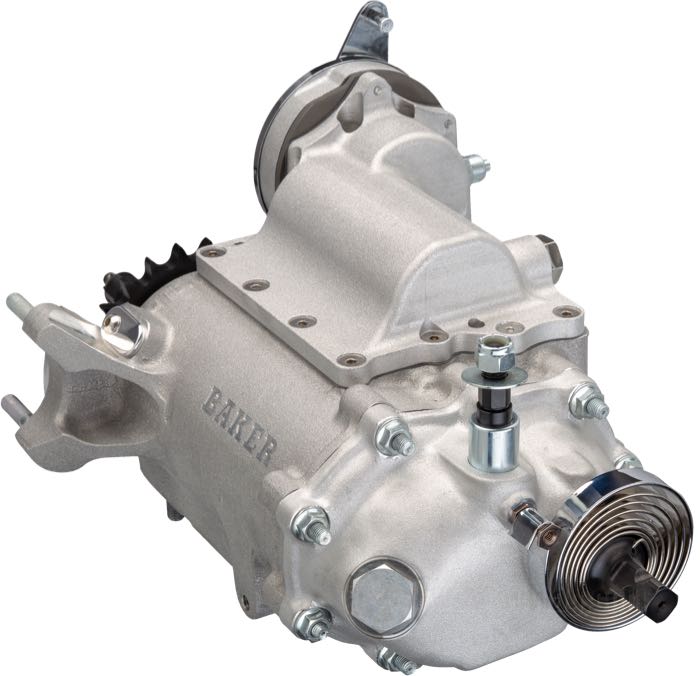 4-speed transmission by BAKER Drivetrain; for aluminum primary covers; fits Big Twin 1970-1985; footshift; FX style ratchet; cast aluminum / steel, bare; with 23 tooth sprocket; USA; gross weight: 19 kg