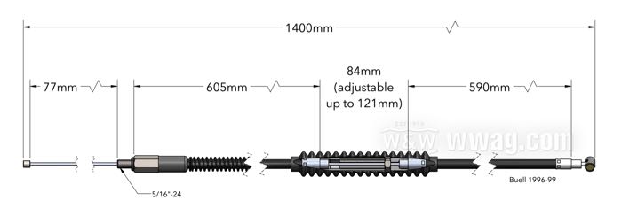 Cavo frizione di Barnett; atto per Buell 1996-1999; acciaio, Dura Glyde; lunghezza: 140 cm; A-sporgenza del cavo: 7.6 cm; C-lunghezza della guaina inferiore: 58 cm; D-lunghezza della guaina superiore: 59 cm; rimpiazza OEM HD 38656-96Y; U.S.A.; peso lordo: 470 g