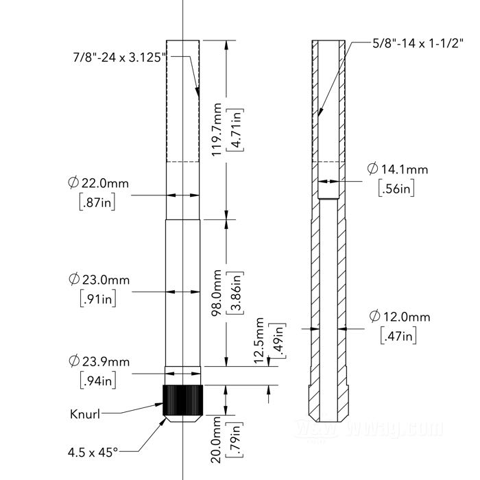 Axe de colonne de Samwel Supplies; pour fourches Springer; adaptable à 45”/750 cc Flathead 1929-1957; acier, naturel; longueur: 255 mm; filetage: 7/8”-24; filet int.: 5/8”-14; Europe; poids brut: 529 g