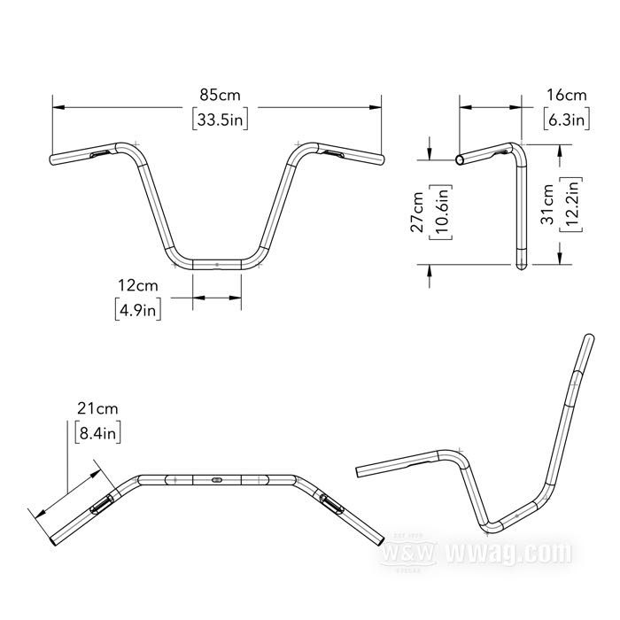 Manubrio »Apehanger stretto 305« di Burly Brand; acciaio, nero, rivestito a polvere; Ø 1”; passaggio cavi: interno 3 fori, con cavature (1982→); U.S.A.; peso lordo: 1.8 kg