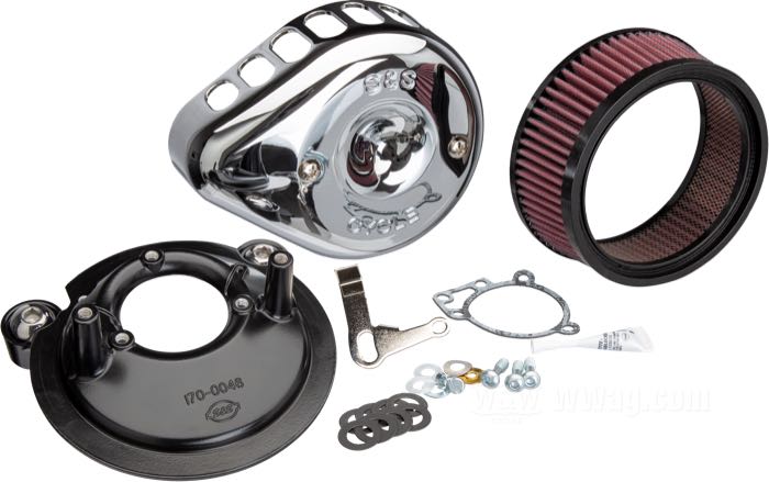 Air cleaner »Mini Teardrop« by S&S; fits Sportster 1991-2006 with S&S Super E & G carburetor; cast aluminum, chrome-plated; W x H x D: 200 x 160 x 62 mm; with K&N air cleaner element; USA; gross weight: 1.01 kg