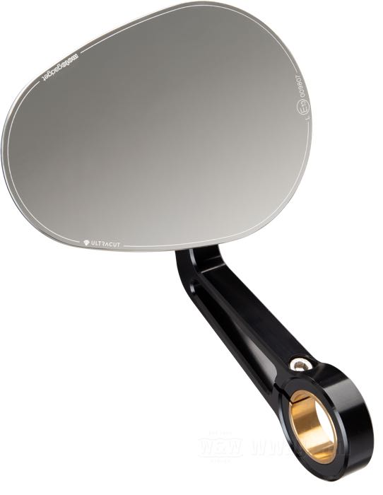 Rear view mirror »mo.view road« by motogadget; aluminum / stainless steel, black anodized; for handlebar Ø: 22 mm / 1 ”; position: left or right; mirror glass dimensions WxH: 110 x 80 mm; stem length: 110 mm; E13 approved; Germany; gross weight: 250 g