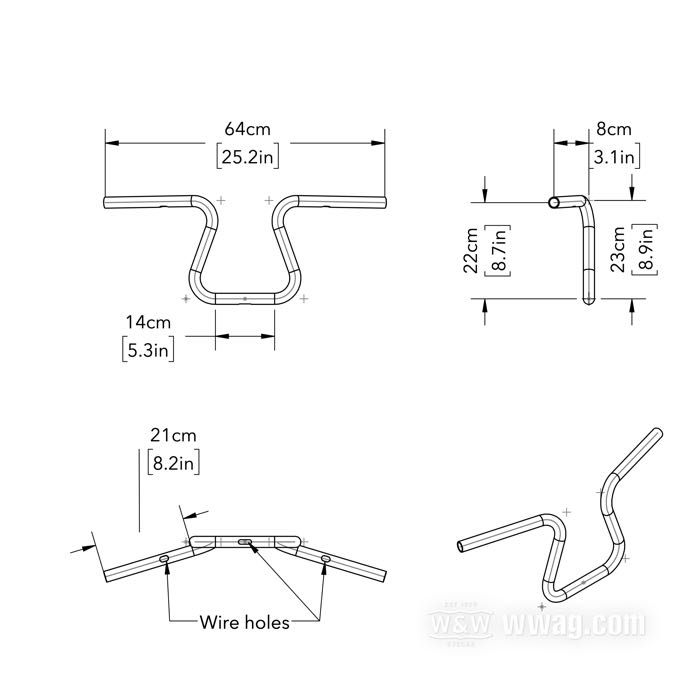 Manillar »Ede« de V-Team; acero inoxidable, pulido, moleteado; Ø 1”; colocación del mazo de cables: custom - ojal en el centro, sin acanaladuras; certificado; Alemania; peso bruto: 1.35 kg