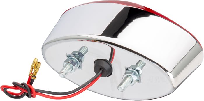 Taillight »Cat Eye«; cast aluminum / acrylic glass, chrome-plated; W x H x D: 126 cm x 65 mm x 46 mm; bulb type: P21/5W; 12 V; with 12 V bulb; with stop light; with license illumination; without license bracket; E1 approved; gross weight: 350 g