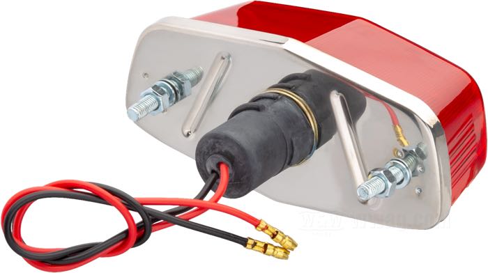 Rücklicht »Lucas Typ Mini«; Acrylglas / Stahl; B x H x T: 110 x 53 x 49 mm; Glühlampen-Typ: P21/5W; 12 V; Sockel: BAY15d; mit 12 V Glühlampe; mit Bremslicht; mit Kennzeichenbeleuchtung; ohne Kennzeichenhalter; Montagefläche: plan; E11 geprüft; Bruttogewicht: 163 g