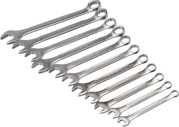 Combination wrench set by Bahco; steel, chrome-plated / satin finish; net weight: 1660 g; SAE; 11 pieces; wrench size: 3/8” / 7/16” / 1/2” / 9/16” / 5/8” / 11/16” / 3/4” / 13/16” / 7/8” / 15/16” / 1”; with sheath; Spain; gross weight: 1.85 kg