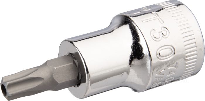 Vaso de Bahco; para tornillos Torx y tornillos a prueba de manipulaciones; acero, cromado; unión: 3/8”; Torx; tamaño TORX: T30; Francia; peso bruto: 42 g
