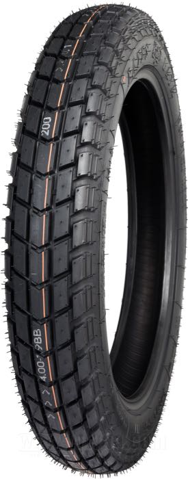 Pneu »Baja 100« de Bates; caoutchouc / acier; position: avant ou arrière; 4.00-19 71T; pour utilisation sans chambre; jantes permises min-max: 2.15 - 3.00; homologué ECE R75, homologué DOT; Allemagne; poids brut: 6.5 kg