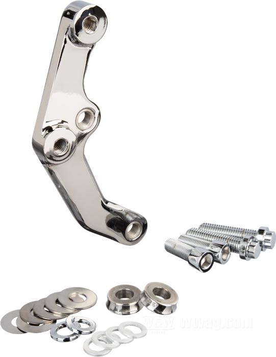Caliper bracket by Performance Machine; for Caliper 125x4R and SL; fits Sportster 2000-2020, Softail and Dyna 2000-2017; billet aluminum, chrome-plated, distance mounting holes: 70 mm (center to center); position: front left; for brake disc: 11.5 ”; with small parts; USA; gross weight: 312 g