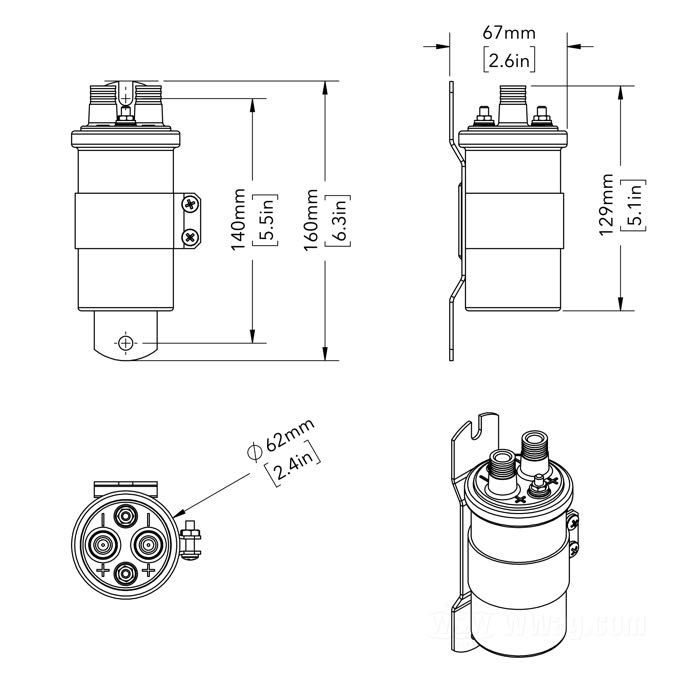 Ignition coil »Custom Round«; for Circuit breaker points; fits Big Twin 1936-1965; chrome-plated; use with 6 V; primary resistance: 2 Ω; dual fire - single plug; with bracket, leads and plugs; gross weight: 910 g