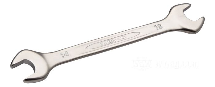 Open end wrench by Bahco; chrome-vanadium steel, satin finish; metric; size: 14 mm x 15 mm; Spain; gross weight: 90 g