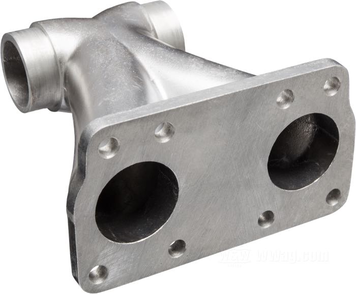 Manifold by Hammer Sycle; for two 4-bolt Linkert carbs; fits Knuckleheads 1940-1947; 85.5 mm center hole to center hole; cast aluminum, tumble polished, drilled, 5/16”; Japan; gross weight: 660 g