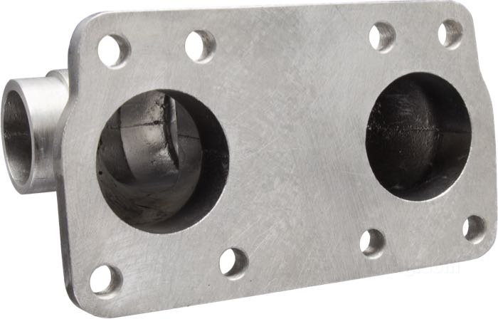 Manifold by Hammer Sycle; for two 4-bolt Linkert carbs; fits Knuckleheads 1940-1947; 85.5 mm center hole to center hole; cast aluminum, tumble polished, drilled, 5/16”; Japan; gross weight: 660 g