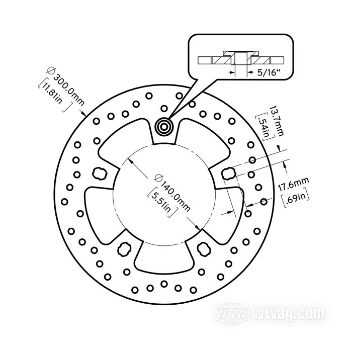 Bremsscheibe; passend für Touring (außer Road King) 2014-2016, alle Touring 2017→; Edelstahl; Ø 11.8”; Montageposition: vorne; Montagebohrungen: 5/16”, ohne Senkung; Innen-Ø: 140 mm; ersetzt OEM HD 41500017; Bruttogewicht: 1.62 kg