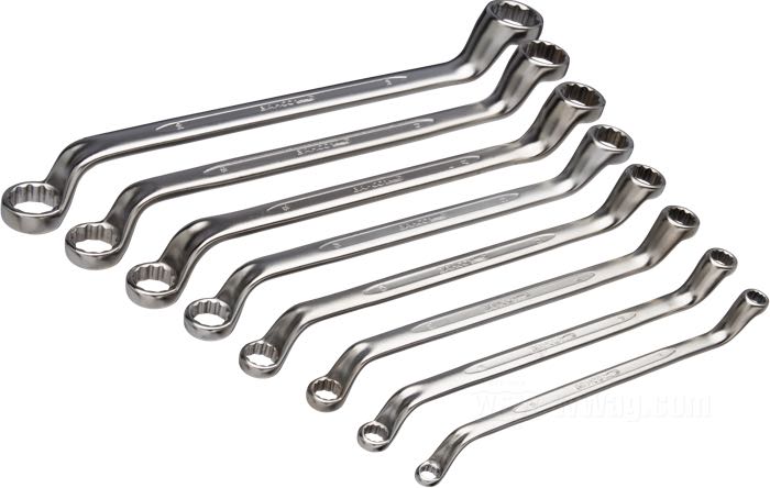 Juego de llaves estriada de doble boca de Bahco; acero cromo-vanadium, satinado; métrico; de 8 piezas; tamaño métrico: 6 mm x 8 mm / 10 mm x 11 mm / 12 mm x 13 mm / 14 mm x 15 mm / 16 mm x 17 mm / 18 mm x 19 mm / 20 mm x 22 mm; con estuche; España; peso bruto: 1.35 kg
