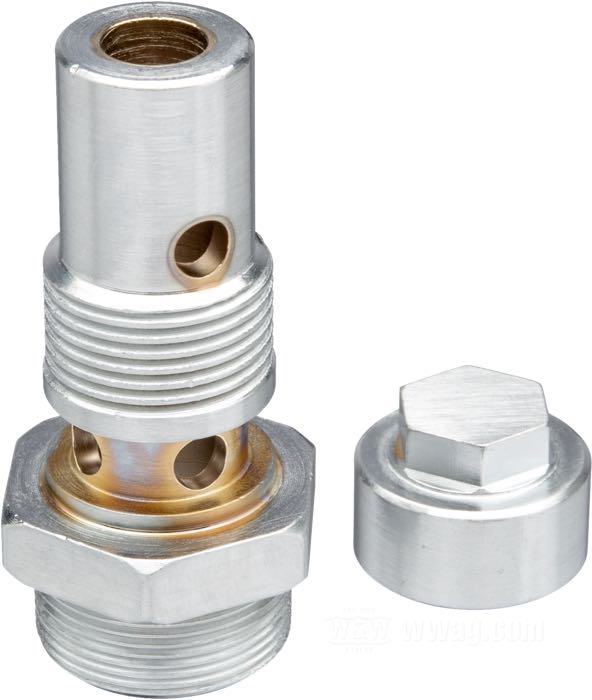 Kit di conversione di Bates; per Rubinetto benzina; atto per Big Twins e 45”/750 cc Sidevalves 1940-1965; acciaio, argento, rivestito IVD alluminio; rubinetto necessario: M22 x 1; filettatura: 11/16”-24 / 3/4”-18; rubinetto necessario: M22 x 1; Germania; AVVERTENZA: Il tubicino d'ottone della riserva del rubinetto benzina va scorciato.; peso lordo: 100 g