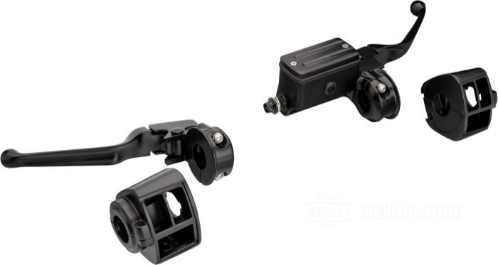 Commandes de guidon; pour double-disque; adaptable à FLH 1982-1984, FLT 1982-1983, FX, Sportster et FXR 1982-1983, FXRT 1986-1986, FXRD 1986; alu coulé, noir mat; Ø piston hydraulique: 3/4” (19 mm); liquide de frein obligatoire: DOT 5; poids brut: 1.74 kg