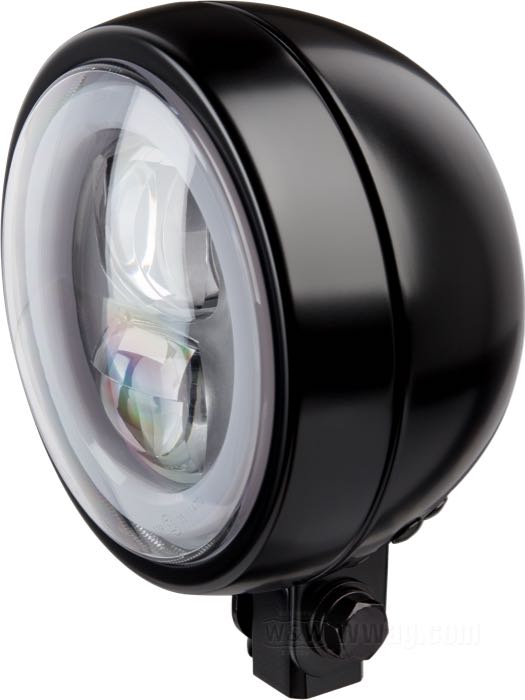 Faro completo »Capsule-120« di Daytona; acciaio, nero, verniciato; profondità: 95 mm; Ø 134 mm; tipo di lampadina: LED; 12 V; 22W/22W + 2 W; con inserto faro; con blocchetto di montaggio; con dispositivo luce di posizione; omologato E6; peso lordo: 995 g