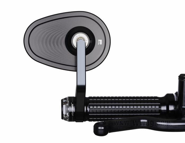 Rear view mirror »mo.view road« by motogadget; aluminum / stainless steel, black anodized; for handlebar Ø: 22 mm / 1 ”; position: left or right; mirror glass dimensions WxH: 110 x 80 mm; stem length: 110 mm; E13 approved; Germany; gross weight: 250 g