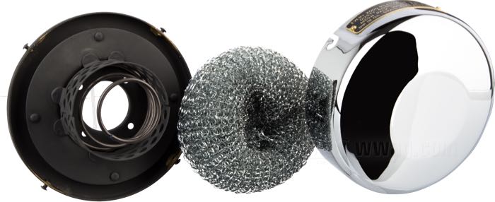 Filtro aria »Stile OEM«; per Carburatori Linkert; atto per 1935-mid 1937; acciaio, cromato, coperchio J-slot; Ø 6”; con piastra base e inserto filtrante in tessuto metallico; rimpiazza OEM HD 1401-35 e 29002-35; peso lordo: 880 g