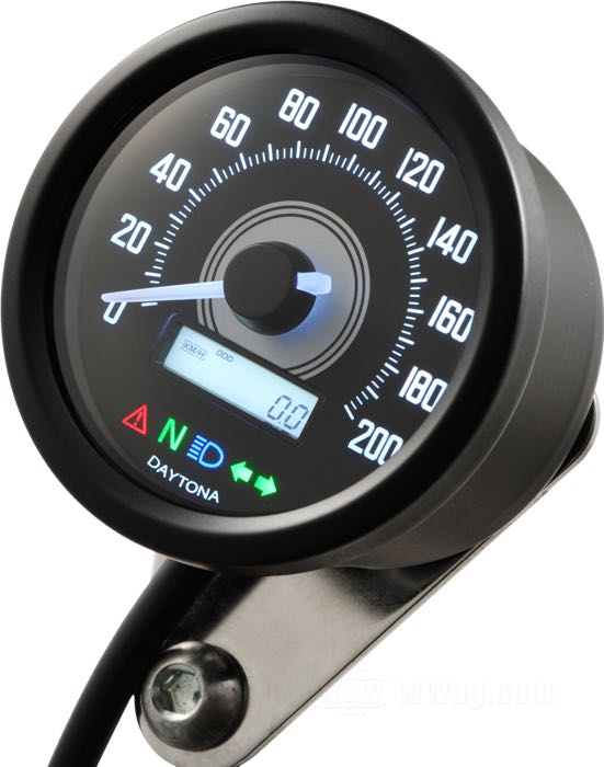 Elektronischer Tachometer »Velona 60« von Daytona; Edelstahl, mattschwarz; Tiefe: 45 mm; Ø 60 mm; Zifferblatt: schwarz; 12 V; mit Halter, Kleinteilen und Bedienungsanleitung; Bruttogewicht: 350 g