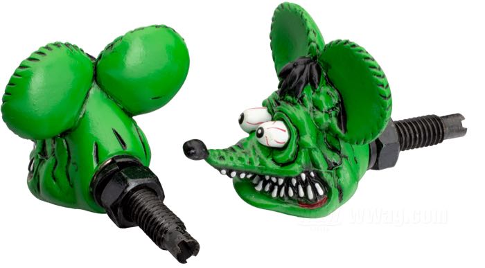 Viti »Rat Fink« di Mooneyes; per Targa; plastica / acciaio, verde; L x A x P: 34 x 34 x 34 mm; filettatura: M6; con prigionieri filettati M6 e dadi; peso lordo: 50 g
