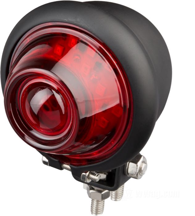 Piloto trasero »Guide Style«; acero, negro mate; largo: 65 mm; Ø 57 mm; tipo de bombilla: LED; 12 V; con LED; con soporte regulable; con luz de freno; sin iluminación de matrícula; superficie de montaje: plana; peso bruto: 139 g