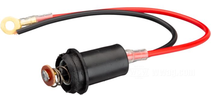 Culot d‘ampoule; pour Voyant de contrôle / Compteur / Compte-tours; s'adapte à trous Ø 5/8”; type click; plastique; sans ampoule; culot: BA9s; avec deux fils de connection; poids brut: 12 g