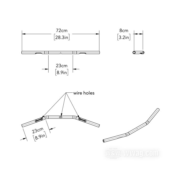 Lenker »Drag Bar« von V-Team; Edelstahl, poliert; Ø 1”; Kabelführung: Custom 3-Loch, mit Kabelsicken (1982→); mit Teilegutachten; Bruttogewicht: 1 kg