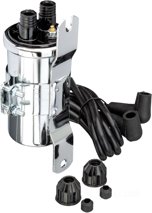 Ignition coil »Custom Round«; for Circuit breaker points; fits Big Twin 1936-1965; chrome-plated; use with 6 V; primary resistance: 2 Ω; dual fire - single plug; with bracket, leads and plugs; gross weight: 910 g
