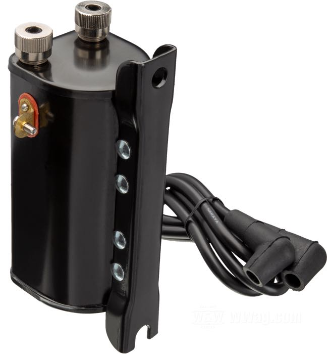 Ignition coil; for Circuit breaker points; fits Big Twin 1948-1960; black; use with 6 or 12 V; primary resistance: 2.5 Ω; dual fire - single plug; with bracket, leads, plugs; replaces OEM HD 31604-48; gross weight: 1.3 kg