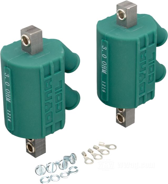 Zündspule »Core Mount« von Dynatek; für Universal-Verwendung; grün; geeignet für 12 V; Primär-Widerstand: 2 x 3 Ohm; Single Fire und zwei Kerzen pro Kopf; Zündkabelausgang: zwei pro Spule; Bruttogewicht: 970 g