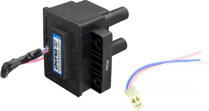 Ignition coil »2 in 1« by Dynatek; black; use with 12 V; primary resistance: 2 x 3 Ω; single fire - dual plug; high tens. tower(s): four; gross weight: 870 g